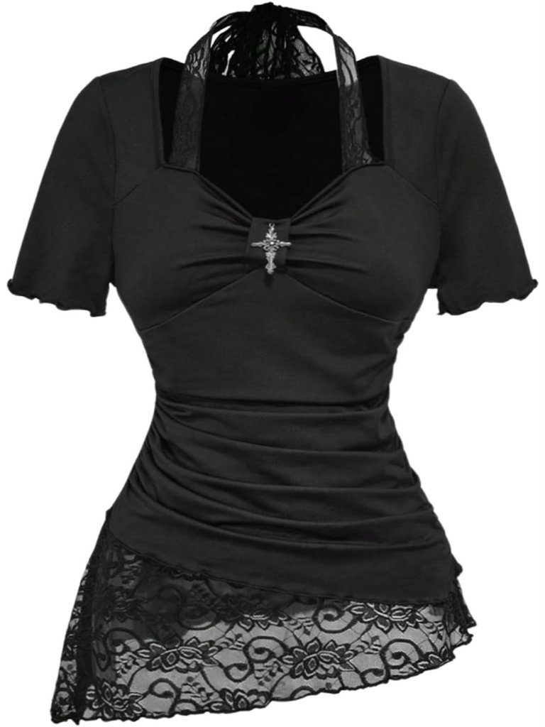 Women's Y2k Grunge Goth T Shirts Short Sleeve Lace Halter Tee Tops Fairy Festiva
